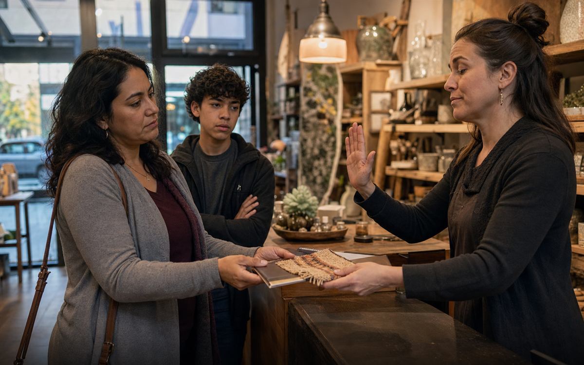 Illustrative scene of a shop owner returning a product and saying no while the seller's teen watches