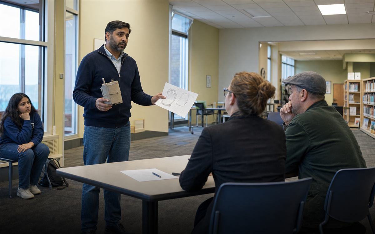 Illustrative scene of a parent pitching an unproven idea while his teen watches
